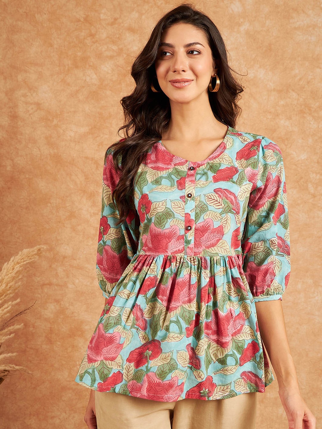 

RIVZA Floral Printed Puff Sleeves Cotton A-Line Longline Top, Blue