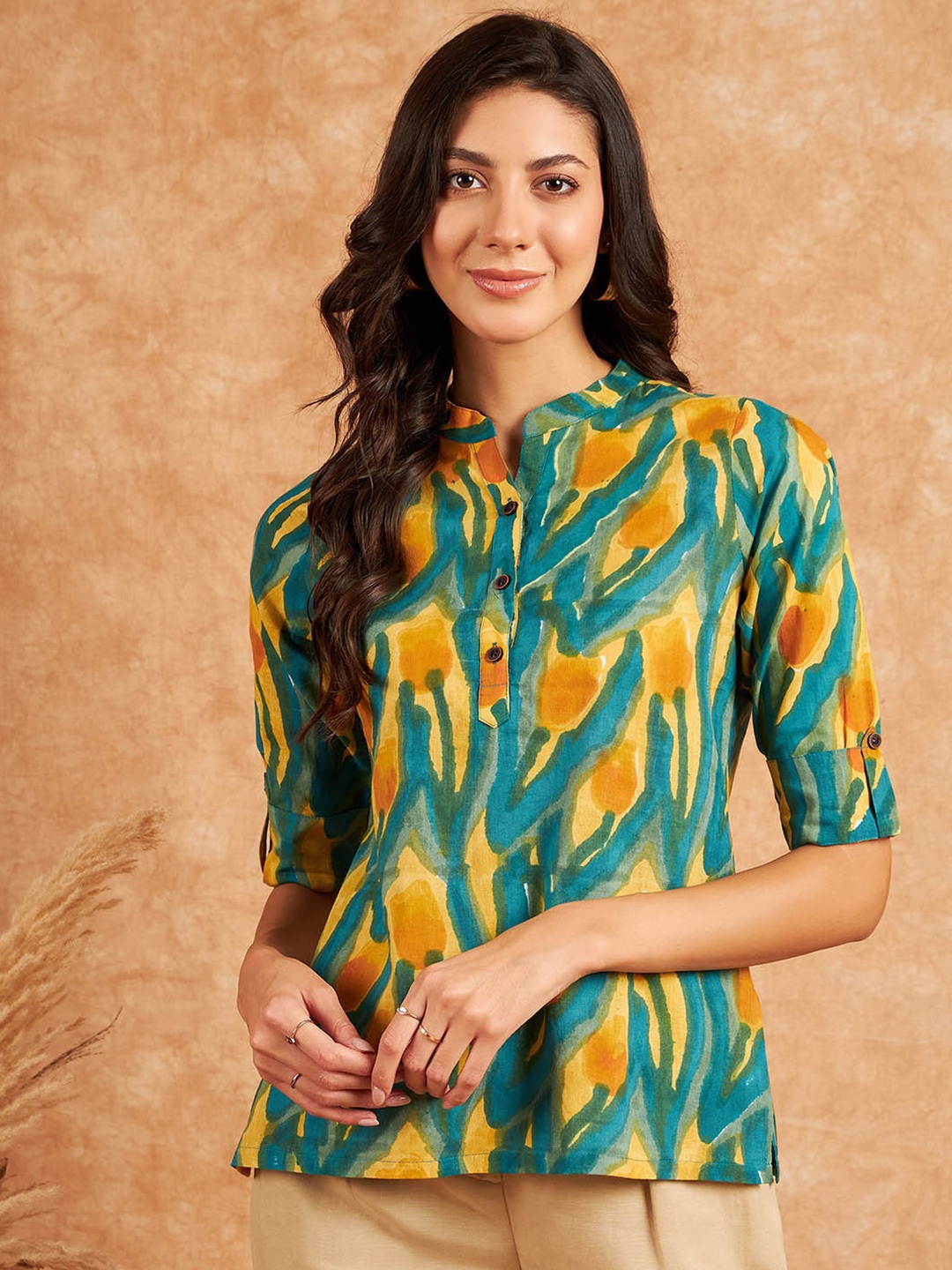

RIVZA Abstract Printed Mandarin Collar Roll-Up Sleeves Cotton Shirt Style Top, Teal