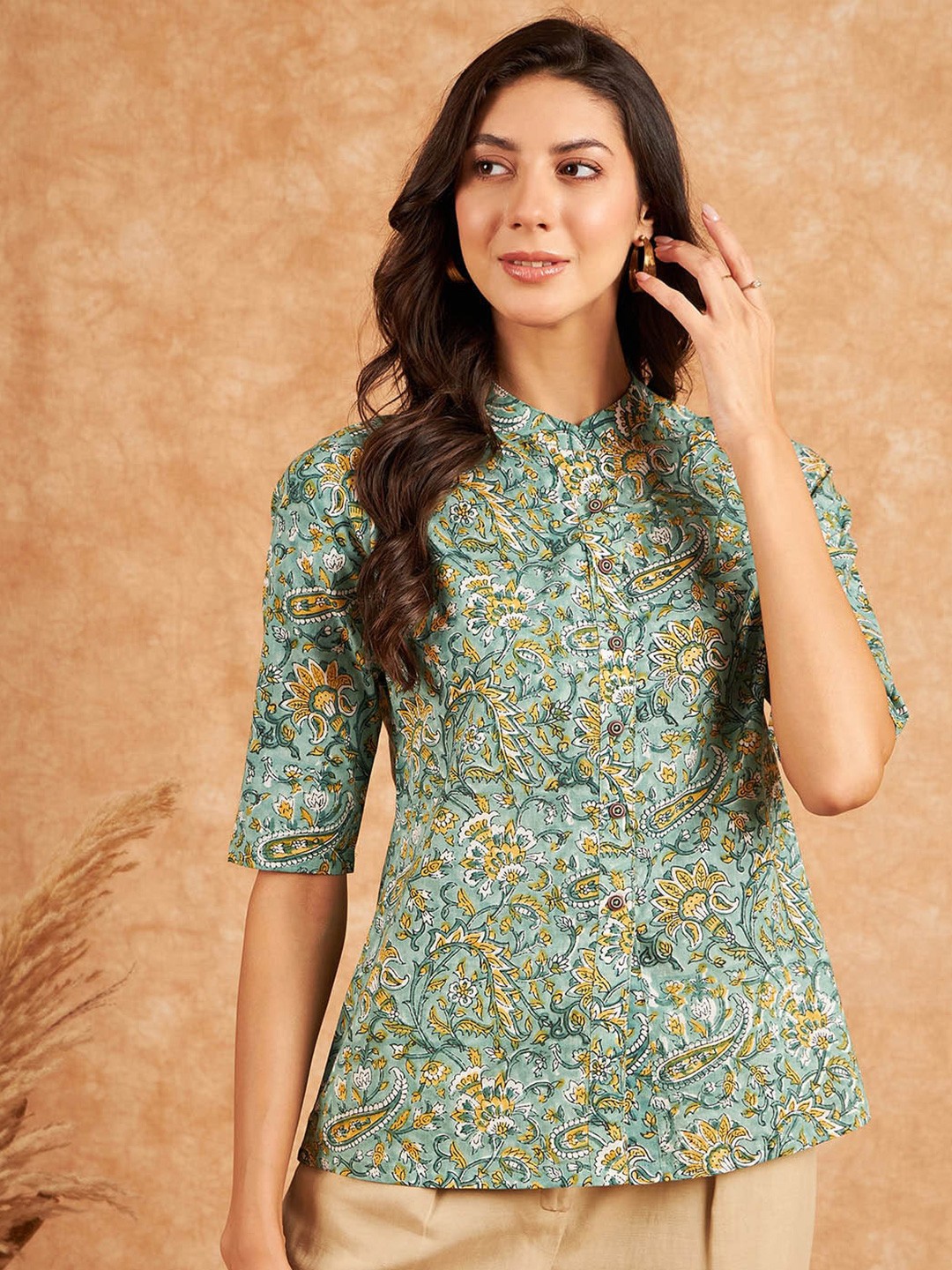 

RIVZA Floral Printed Mandarin Collar Cotton Shirt Style Top, Green