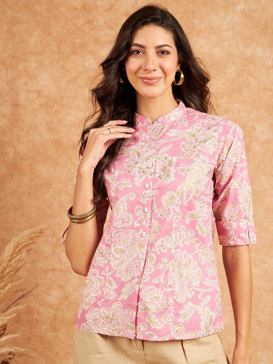 

RIVZA Floral Printed Mandarin Collar Roll-Up Sleeves Cotton Shirt Style Top, Pink