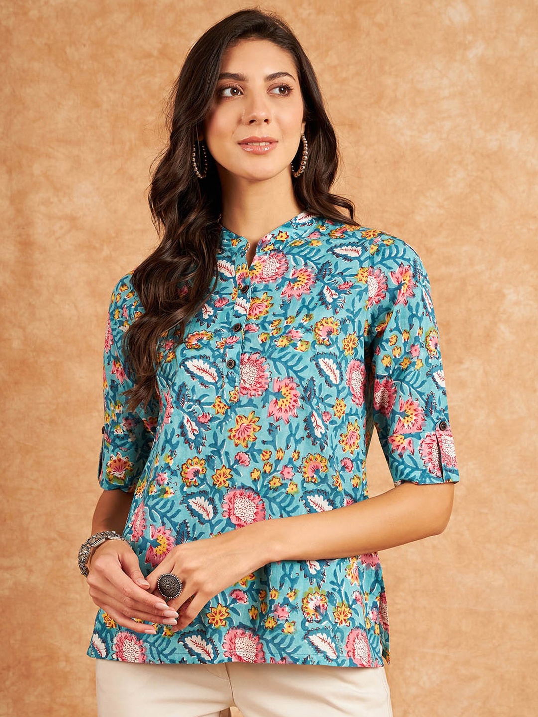 

RIVZA Floral Printed Mandarin Collar Roll-Up Sleeves Cotton Shirt Style Top, Turquoise blue