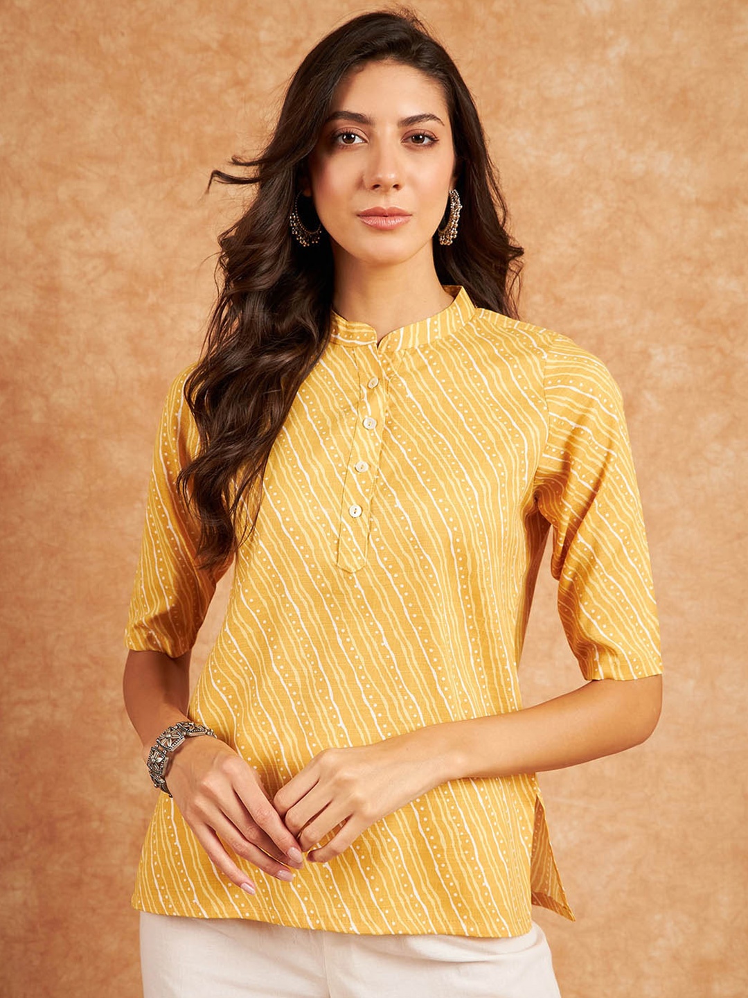 

RIVZA Striped Mandarin Collar Cotton Shirt Style Top, Mustard