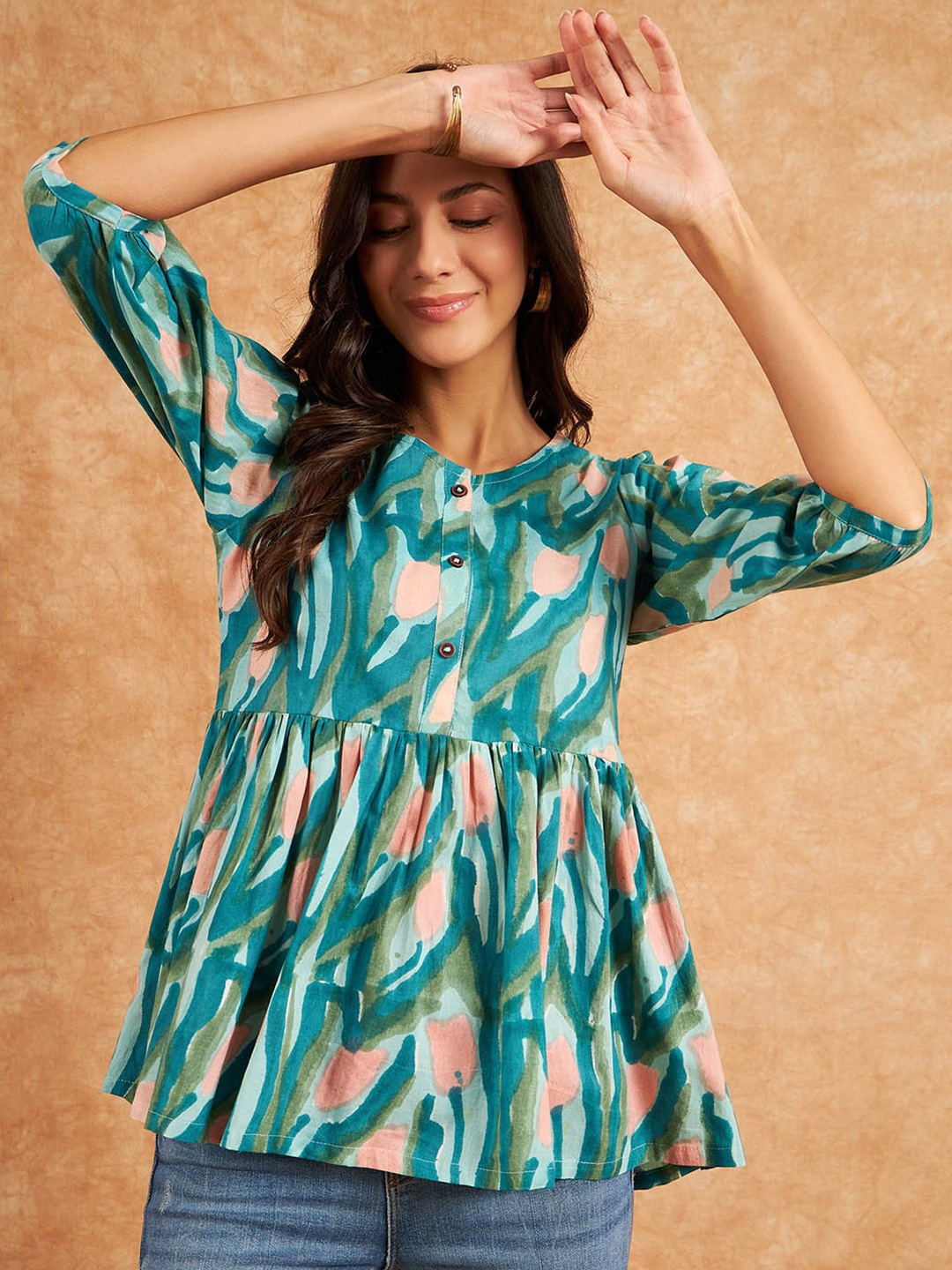 

RIVZA Abstract Printed Puff Sleeves Cotton A-Line Longline Top, Teal