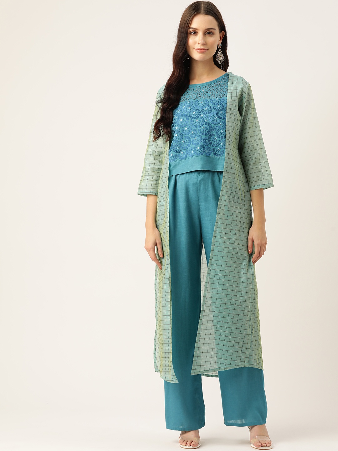 

Rue Collection Embroidered Ethnic Co-Ords with Shrug, Blue