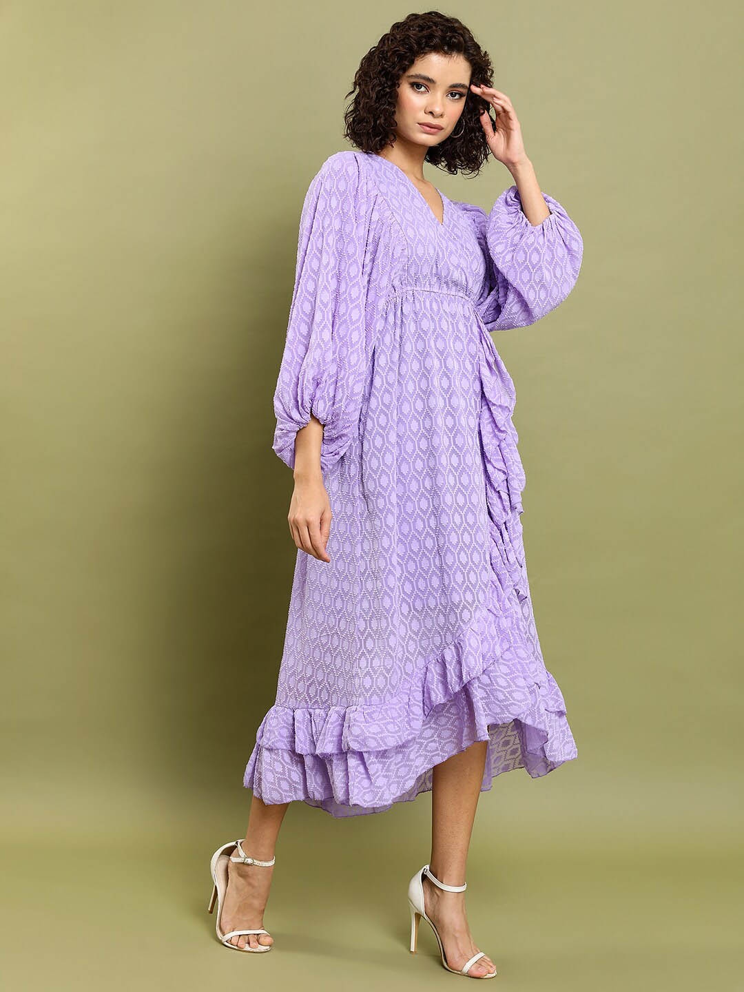 

Tokyo Talkies Self Design Puff Sleeve Gathered Or Pleated Midi Dress, Purple