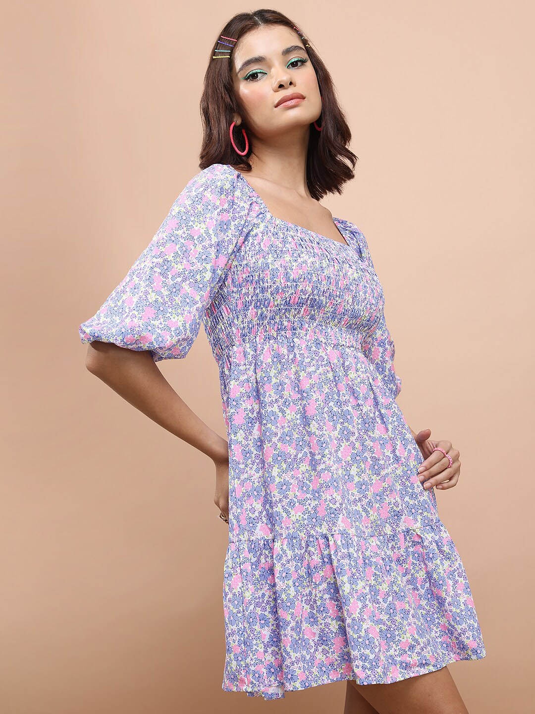 

Tokyo Talkies Floral Printed Puff Sleeve Smocked Fit & Flare Dress, Blue