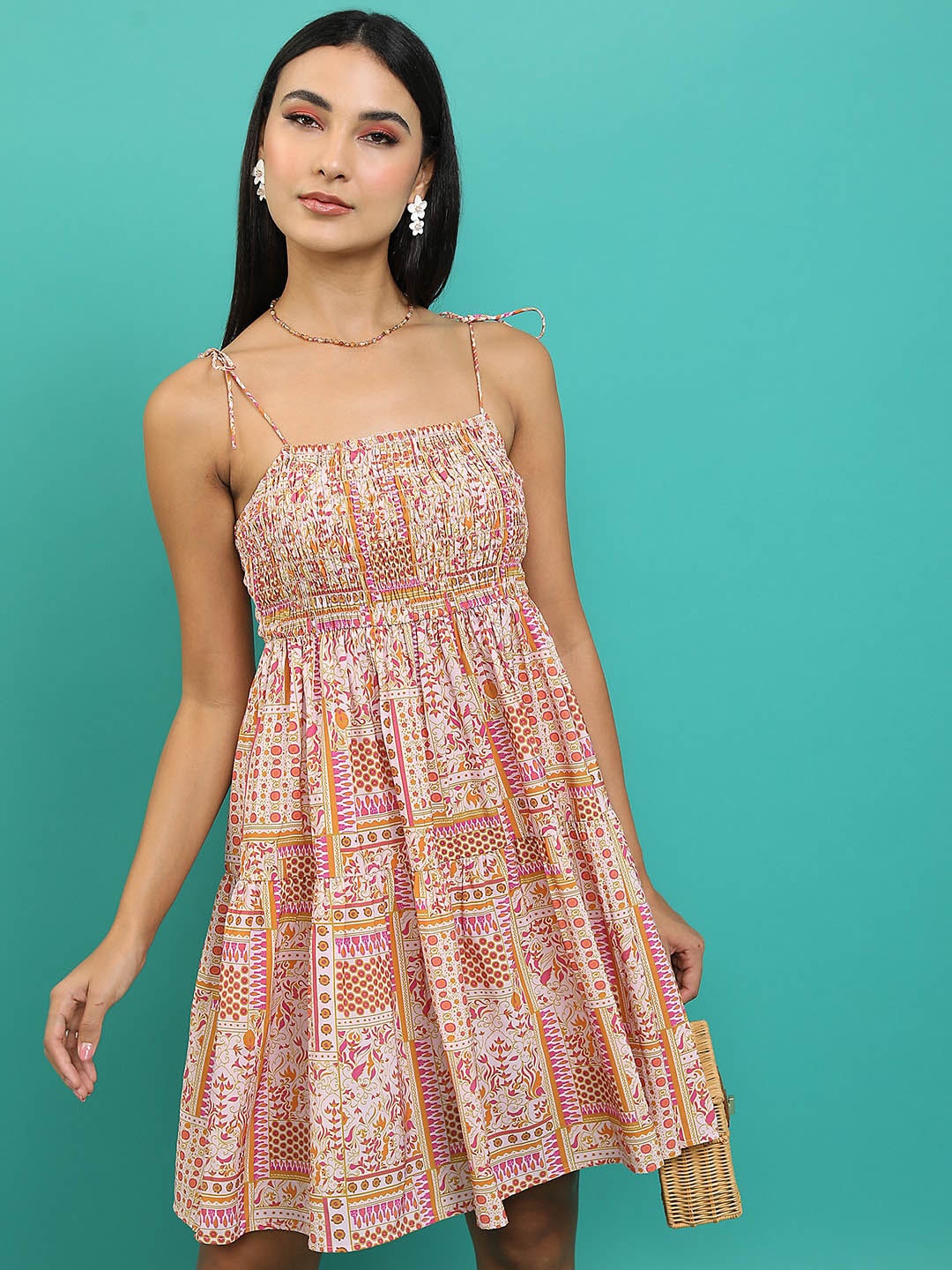 

Tokyo Talkies Pink Ethnic Motifs Printed Shoulder Straps Smocked Fit & Flare Dress