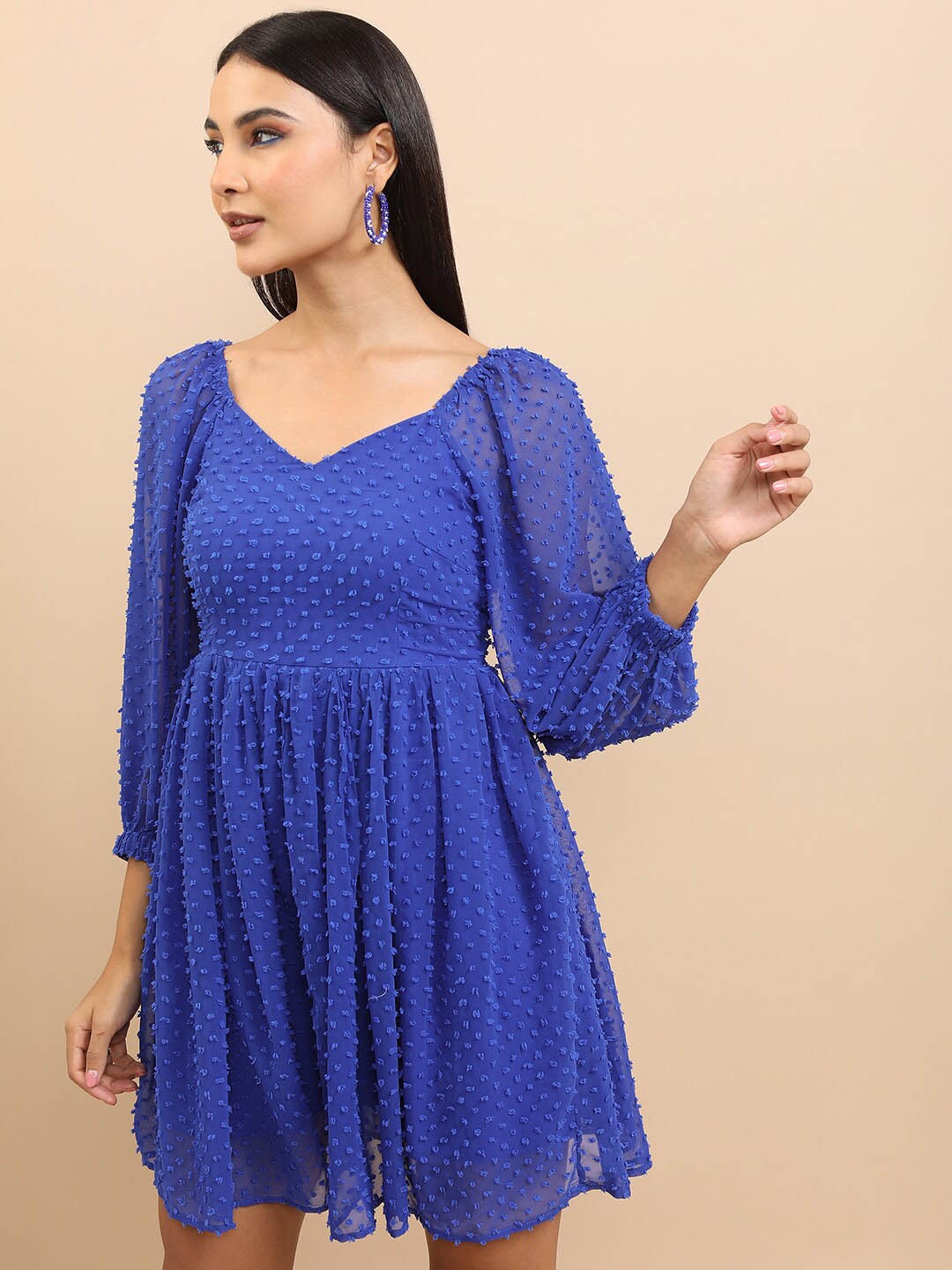 

Tokyo Talkies Self Designed Puff Sleeve Gathered Fit & Flare Dress, Blue