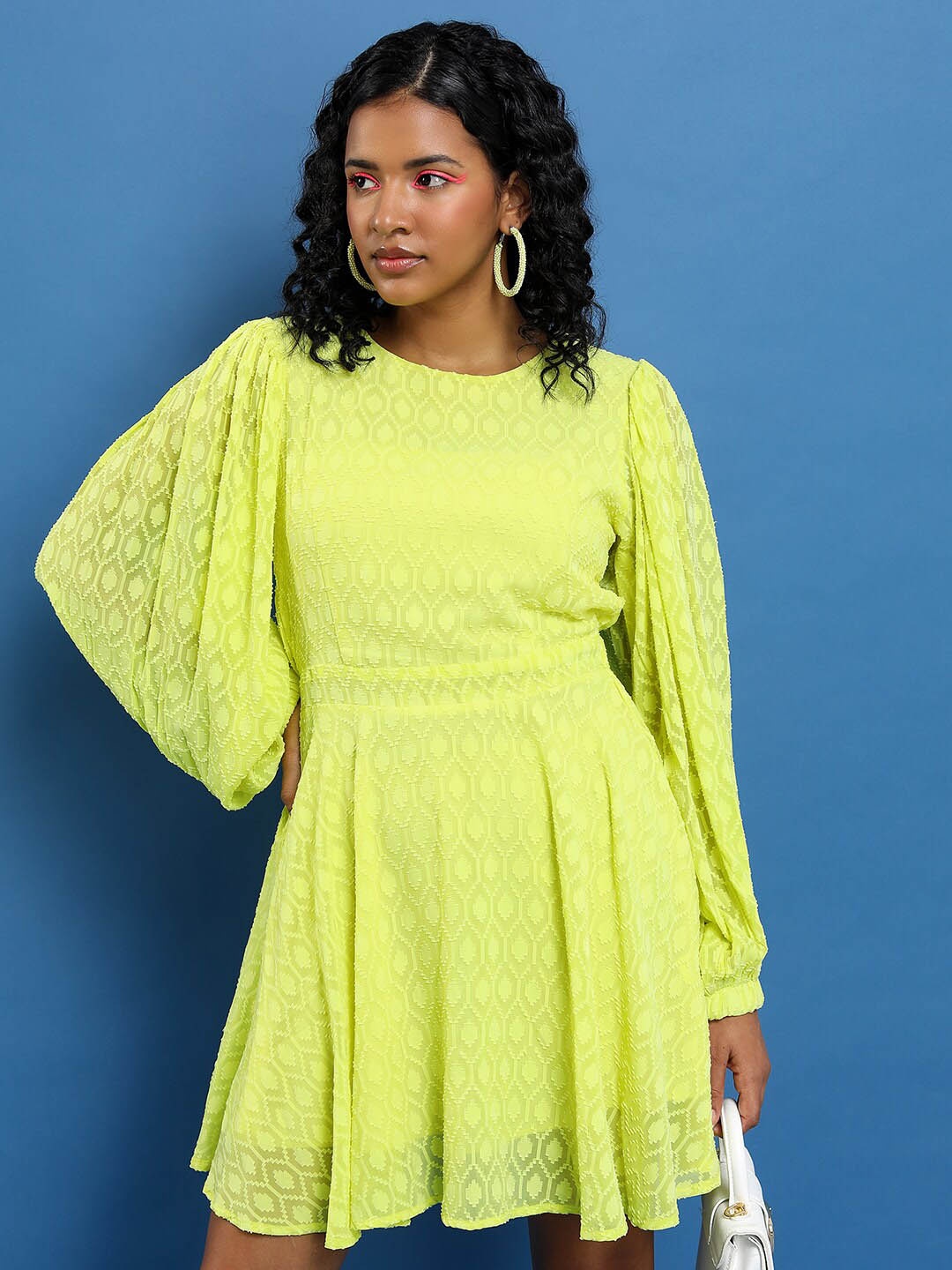 

Tokyo Talkies Self Design Puff Sleeves Gathered Fit & Flare Dress, Lime green