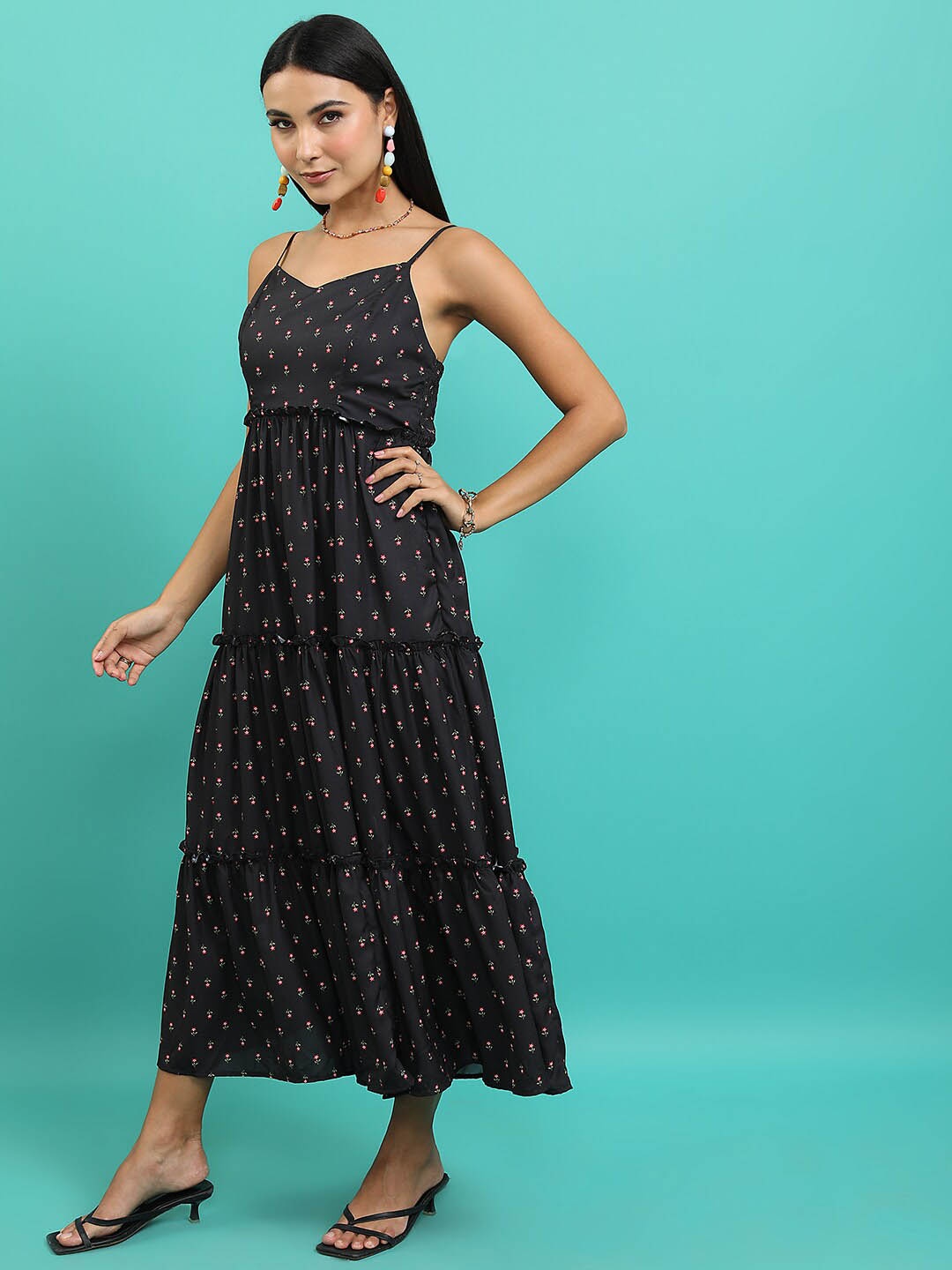 

Tokyo Talkies Black Floral Printed Shoulder Straps Gathered Tiered Maxi Dress