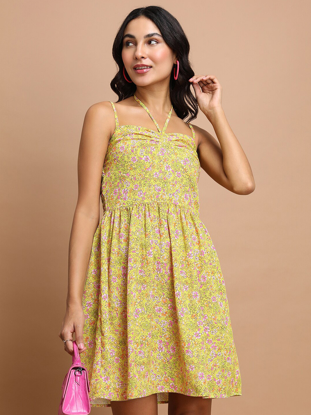 

Tokyo Talkies Yellow Floral Printed Shoulder Strap Fit & Flare Dress