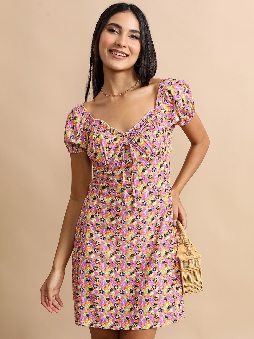 

Tokyo Talkies Floral Printed Puff Sleeves A-Line Dress, Purple