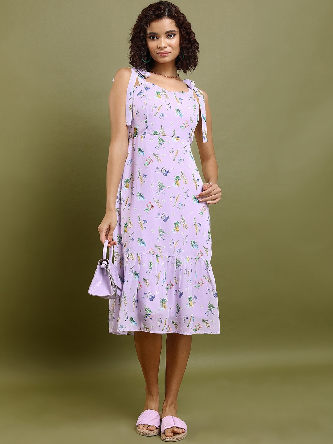 

Tokyo Talkies Floral Printed Shoulder Strap Gathered or Pleated Fit & Flare Midi Dress, Lavender