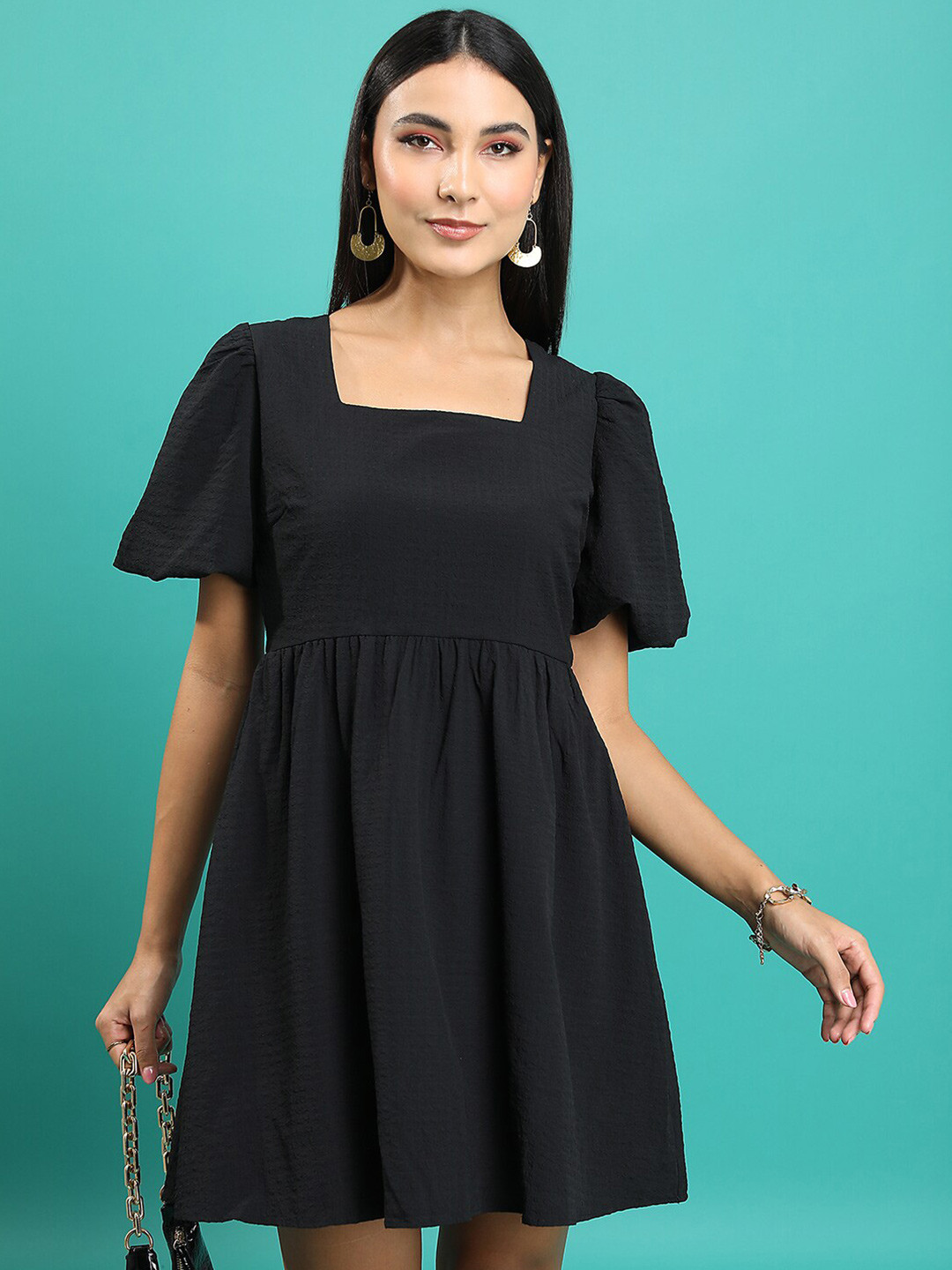 

Tokyo Talkies Square Neck Puff Sleeve Gathered Fit & Flare Dress, Black