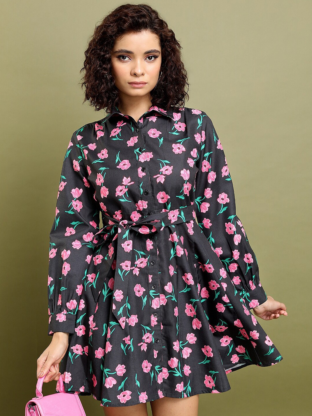 

Tokyo Talkies Black Floral Printed Shirt Collar Cuffed Sleeves Mini Shirt Dress