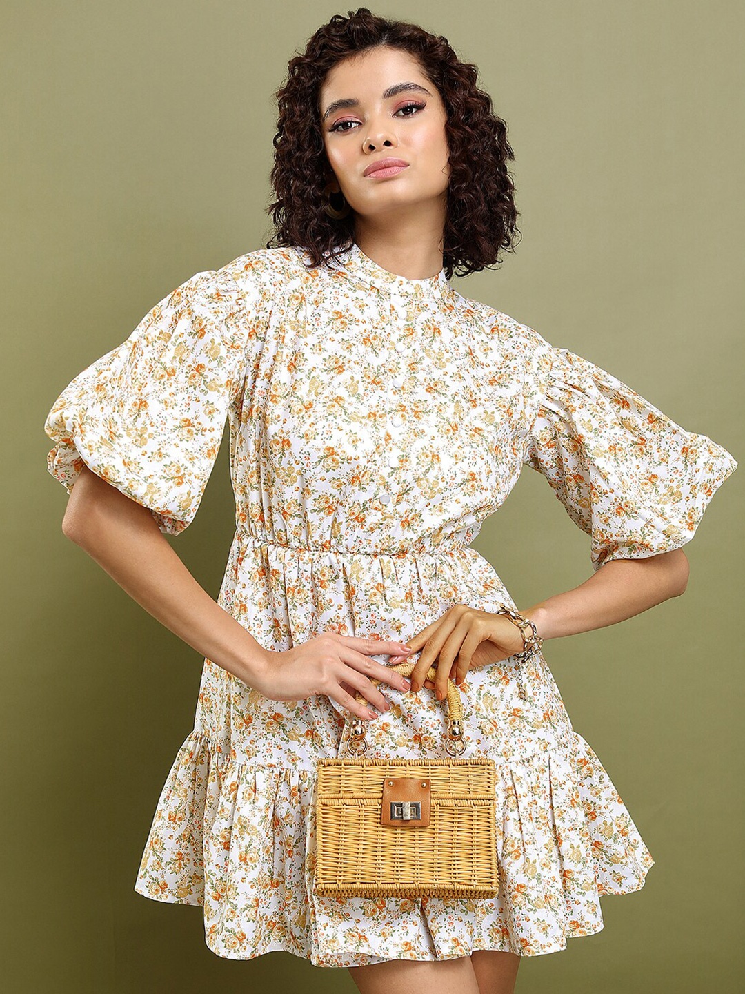 

Tokyo Talkies Yellow Floral Printed Band Collar Gathered Detailed Fit & Flare Mini Dress