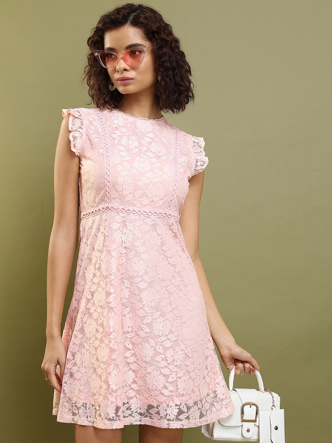 

Tokyo Talkies Self Design Flutter Sleeve Fit & Flare Dress, Pink