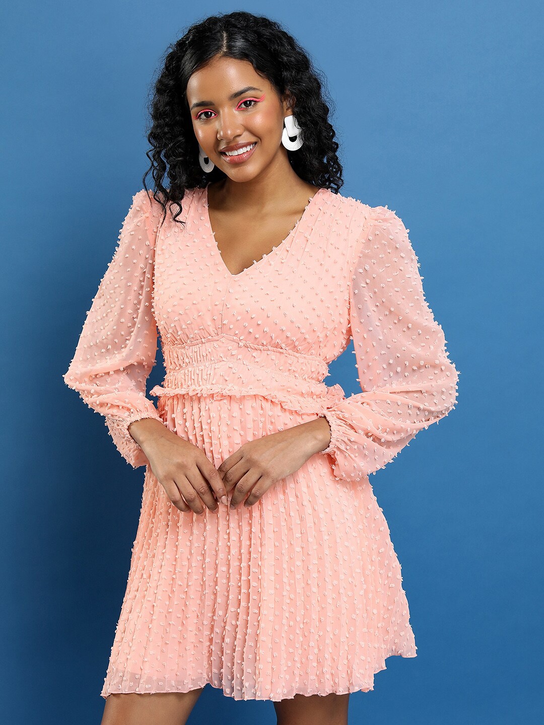 

Tokyo Talkies Pink Self Design V-Neck Puff Sleeve Fit & Flare Above Knee Dress