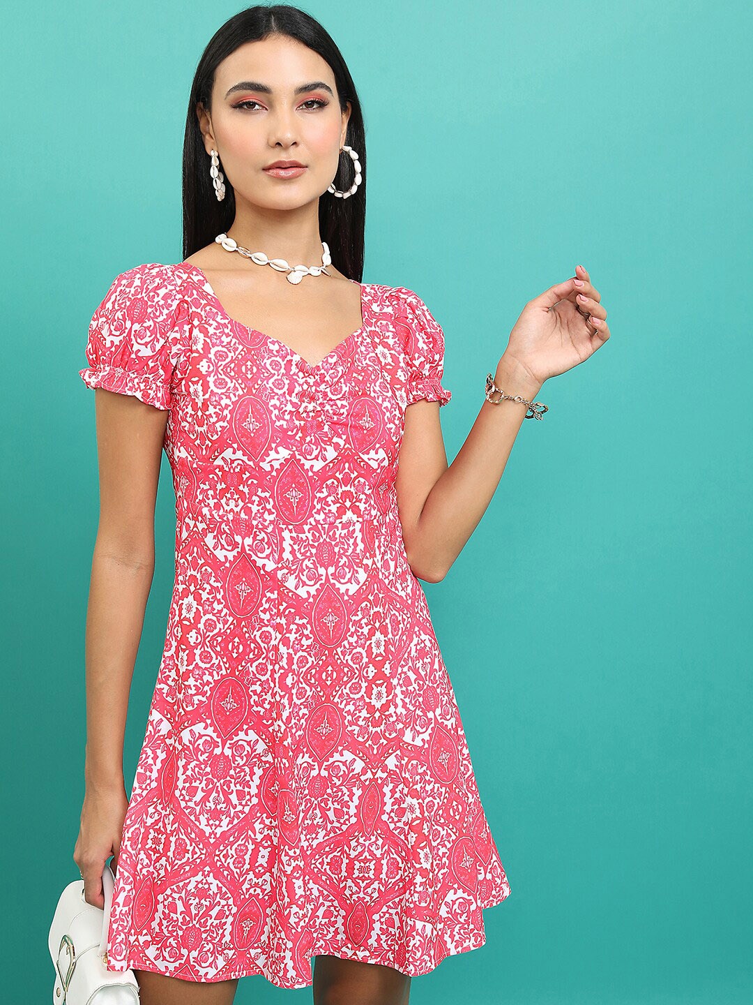 

Tokyo Talkies Pink Ethnic Motifs Printed V-Neck Puff Sleeves A-Line Dress
