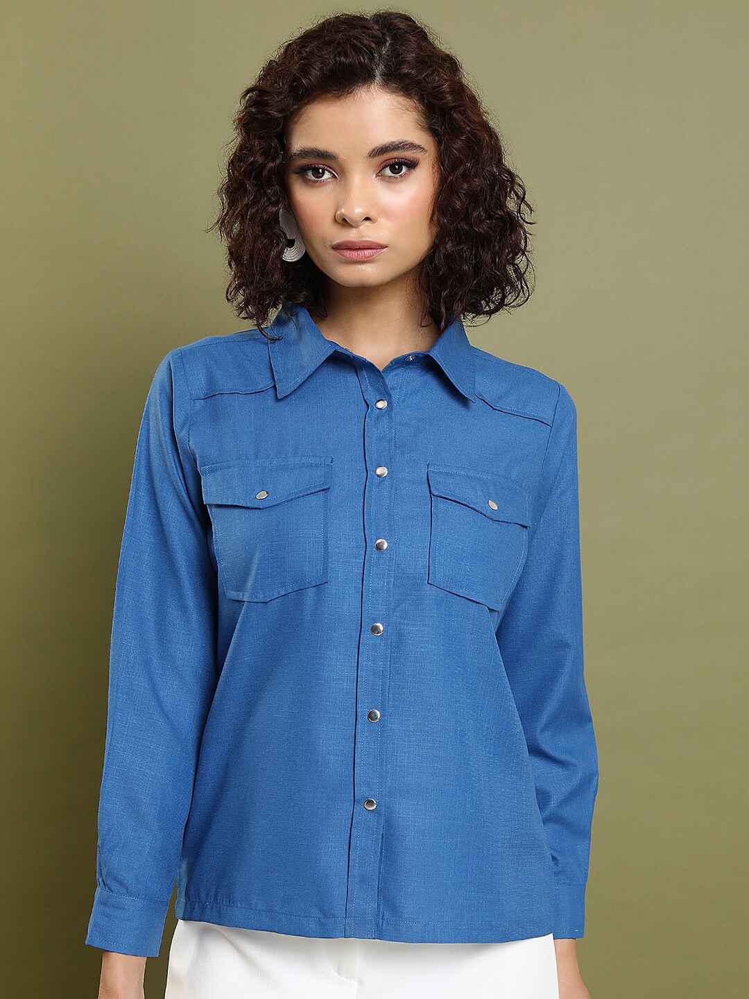 

Tokyo Talkies Blue Spread Collar Casual Shirt