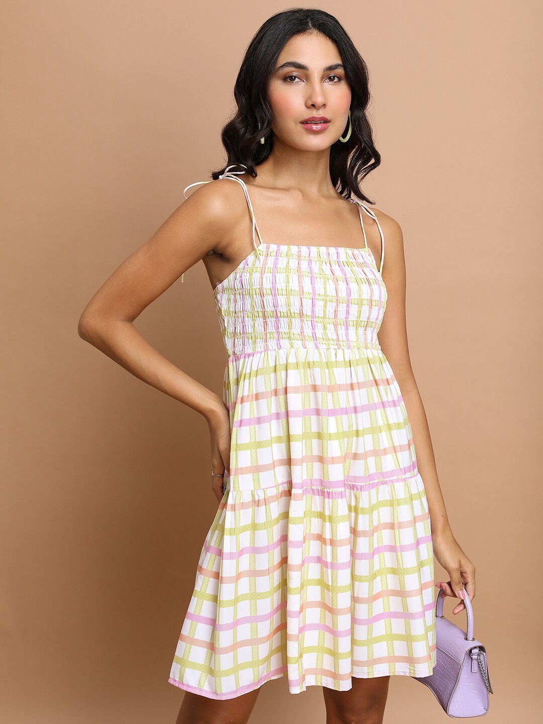 

Tokyo Talkies White Checked Smocked Fit & Flare Above Knee Dress