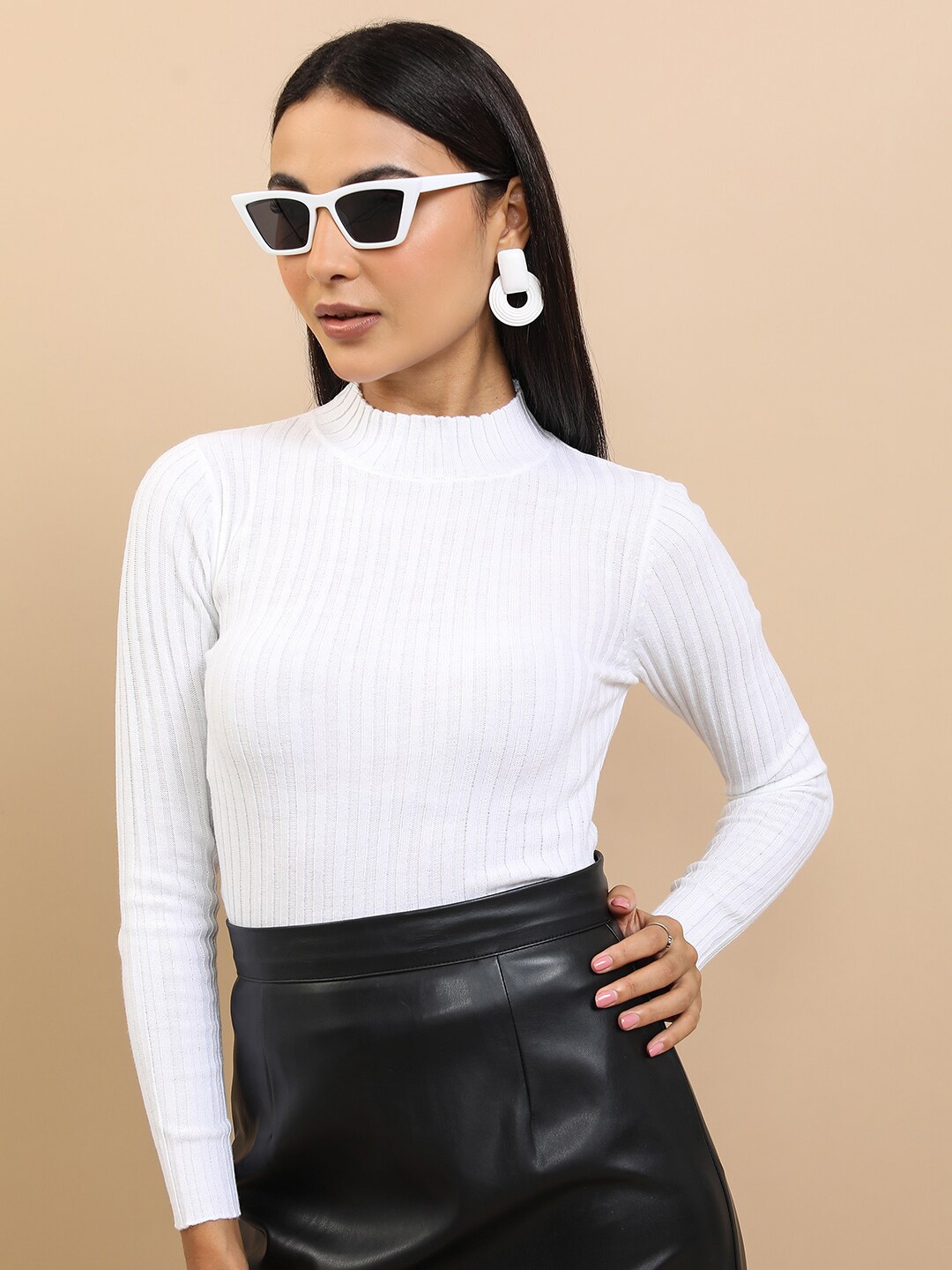 

Tokyo Talkies White Ribbed High Neck Acrylic Pullover