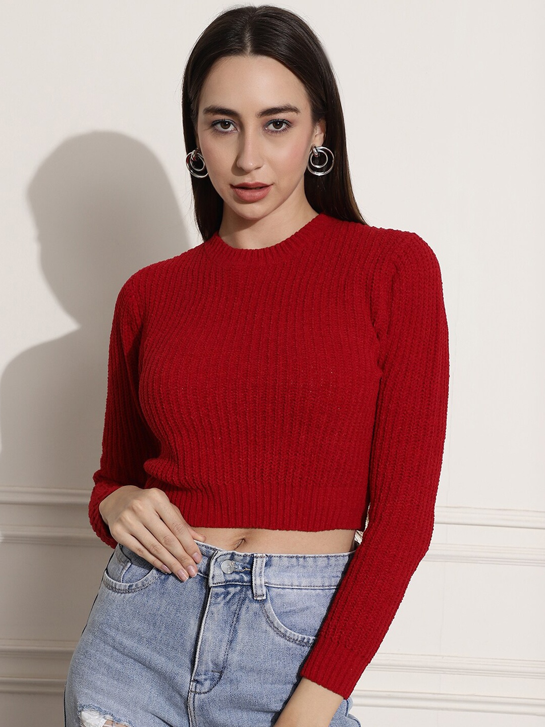 

NoBarr Ribbed Round Neck Crop Pullover, Red