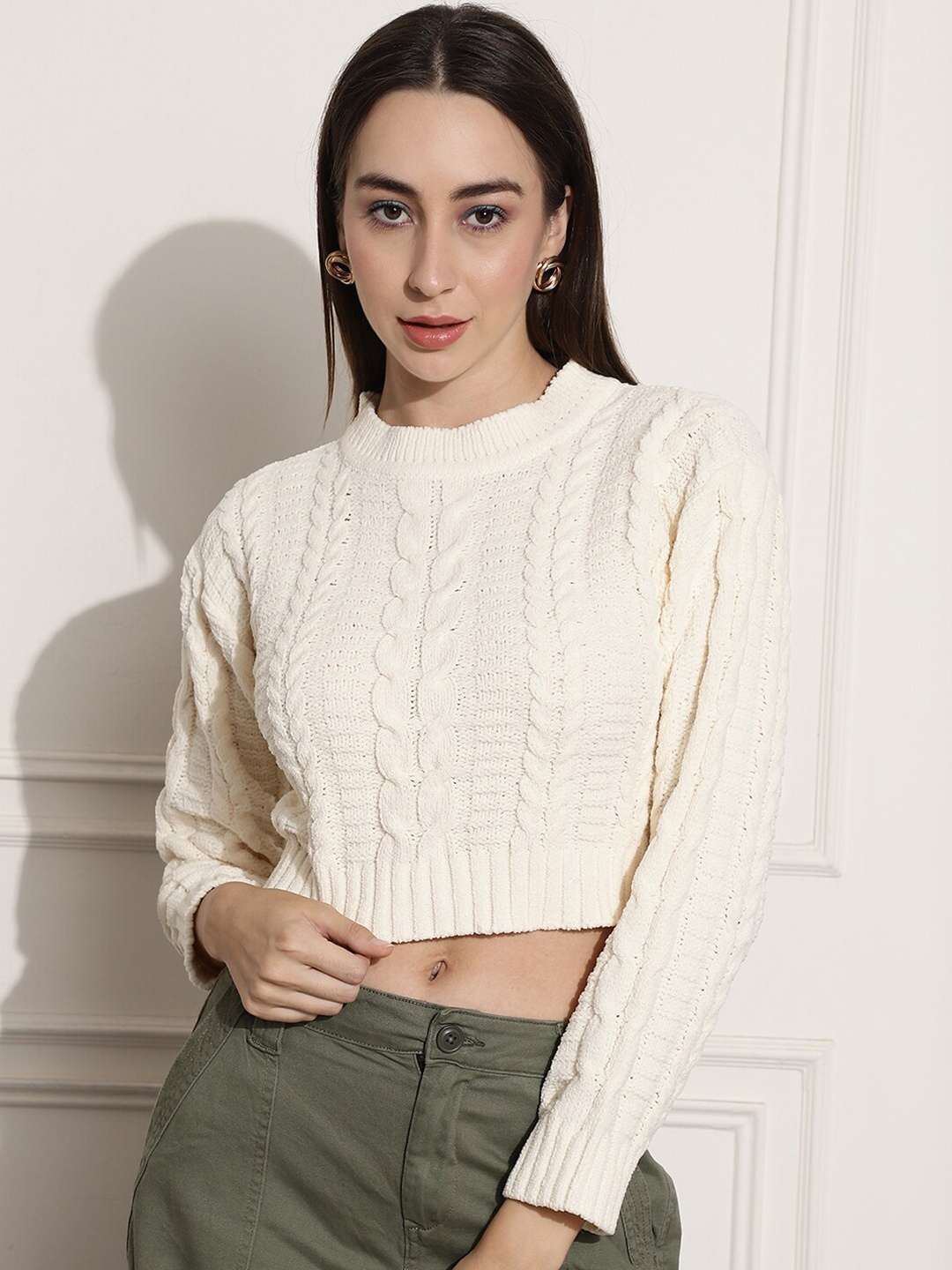 

NoBarr Cable Knit Round Neck Long Sleeves Acrylic Crop Pullover Sweater, Off white
