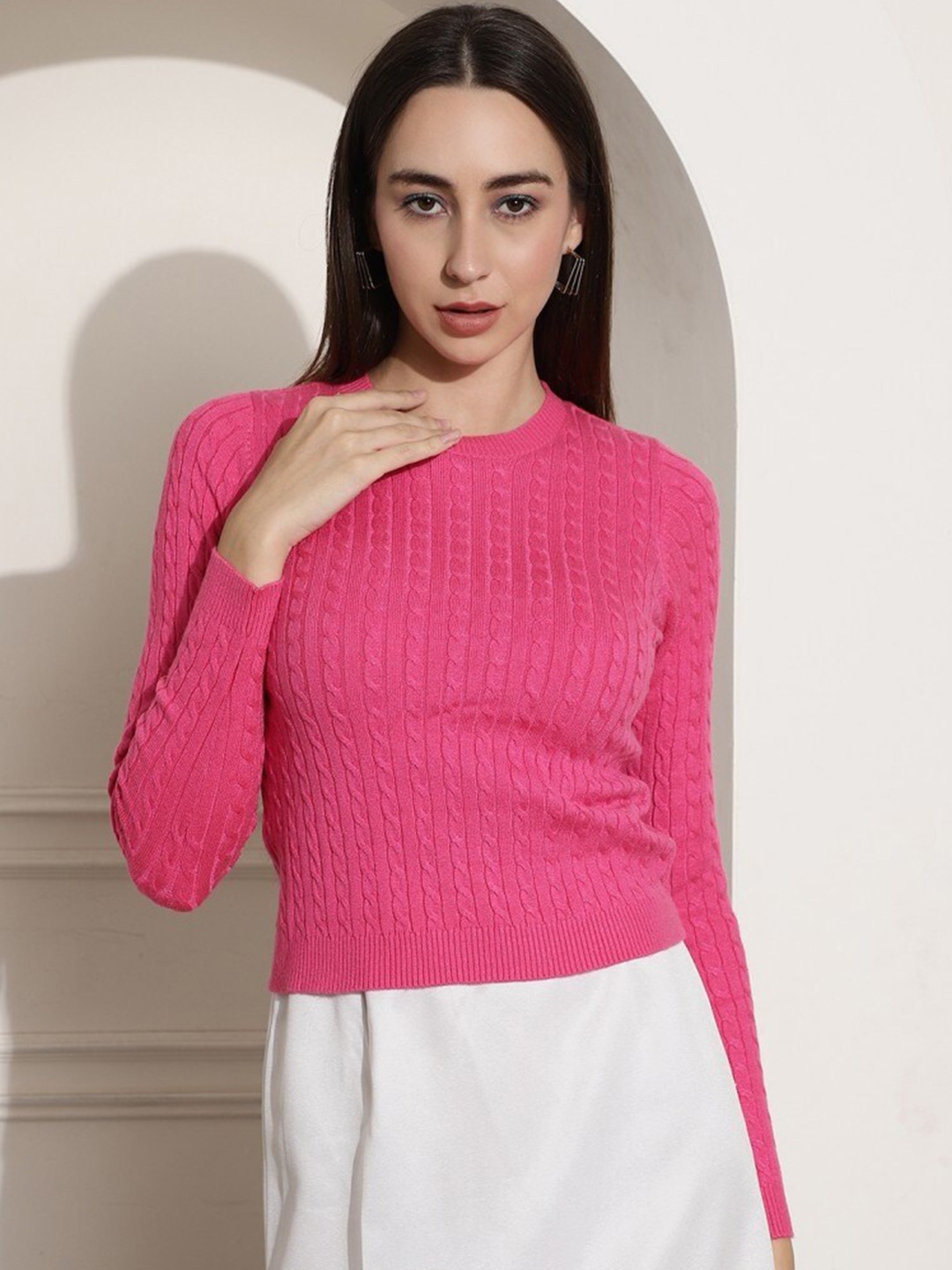 

NoBarr Cable Knit Round Neck Long Sleeves Acrylic Pullover Sweater, Pink