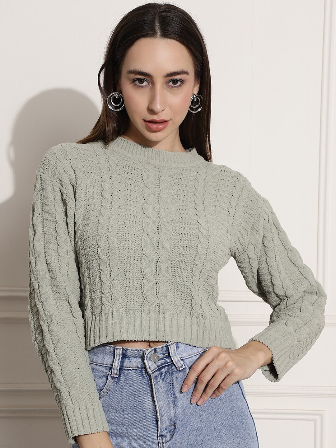 

NoBarr Cable Knit Round Neck Long Sleeves Acrylic Crop Pullover Sweater, Green