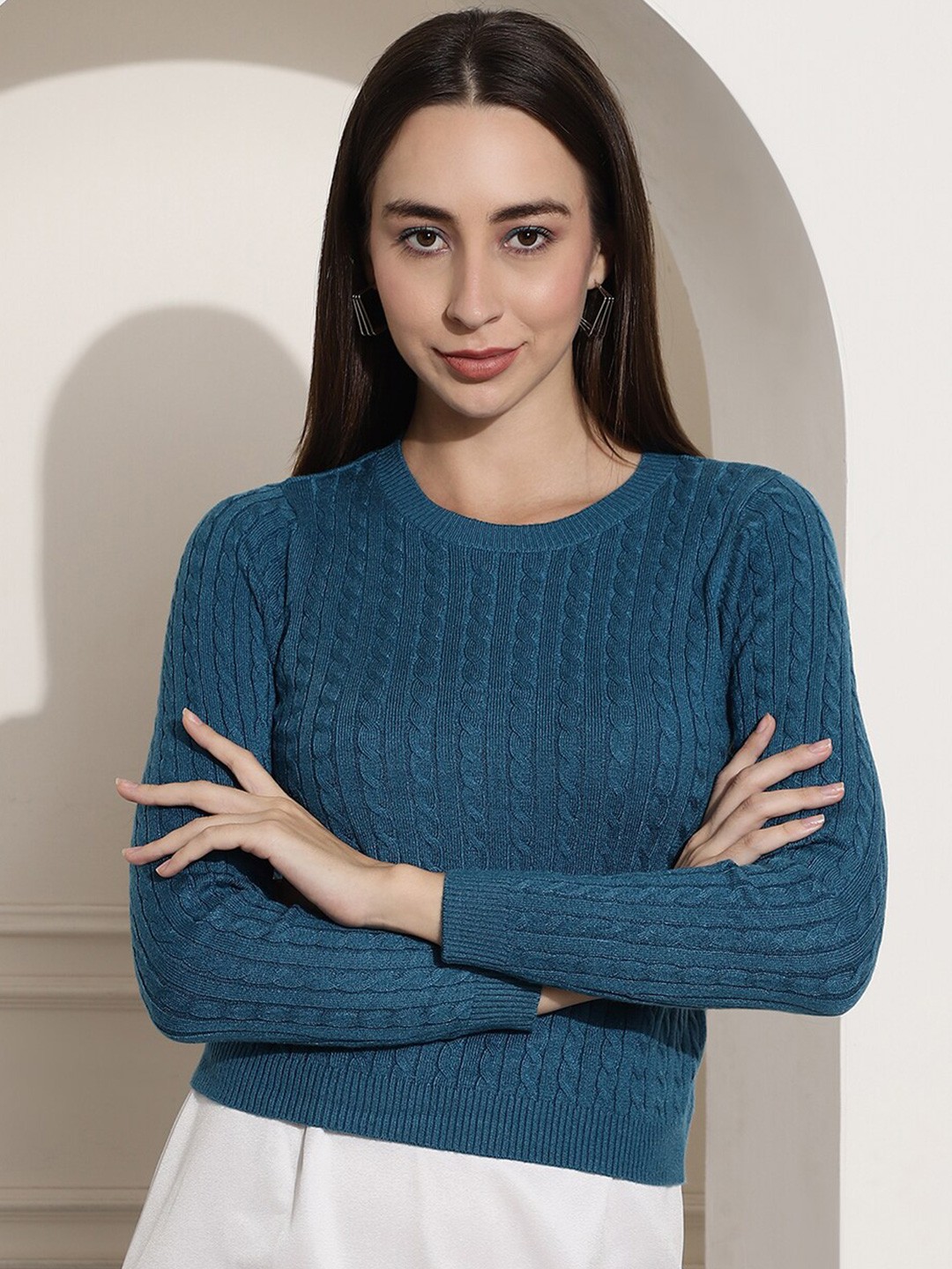 

NoBarr Cable Knit Round Neck Long Sleeves Acrylic Pullover Sweater, Blue