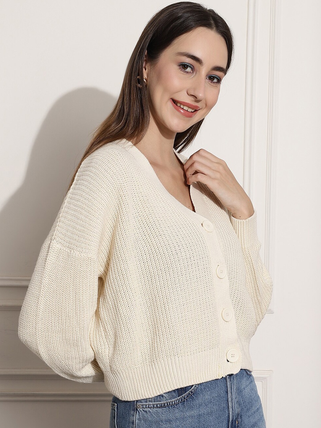 

NoBarr Open Knit V-Neck Cardigan, Cream