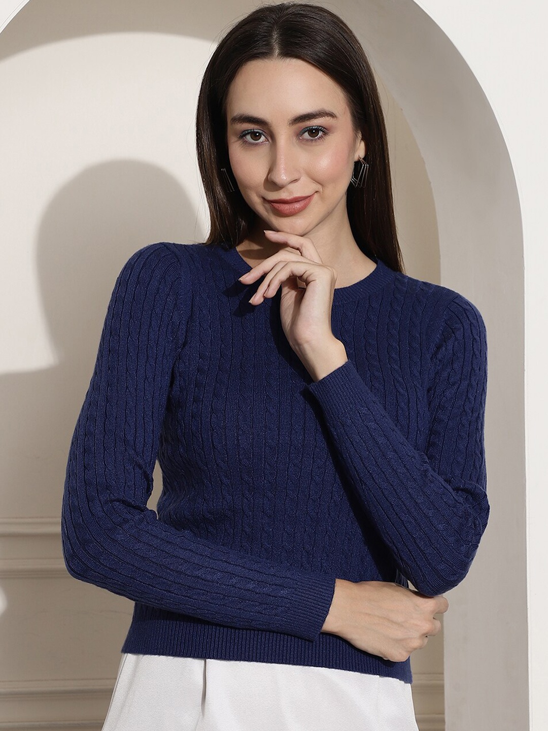 

NoBarr Cable Knit Round Neck Acrylic Pullover, Navy blue