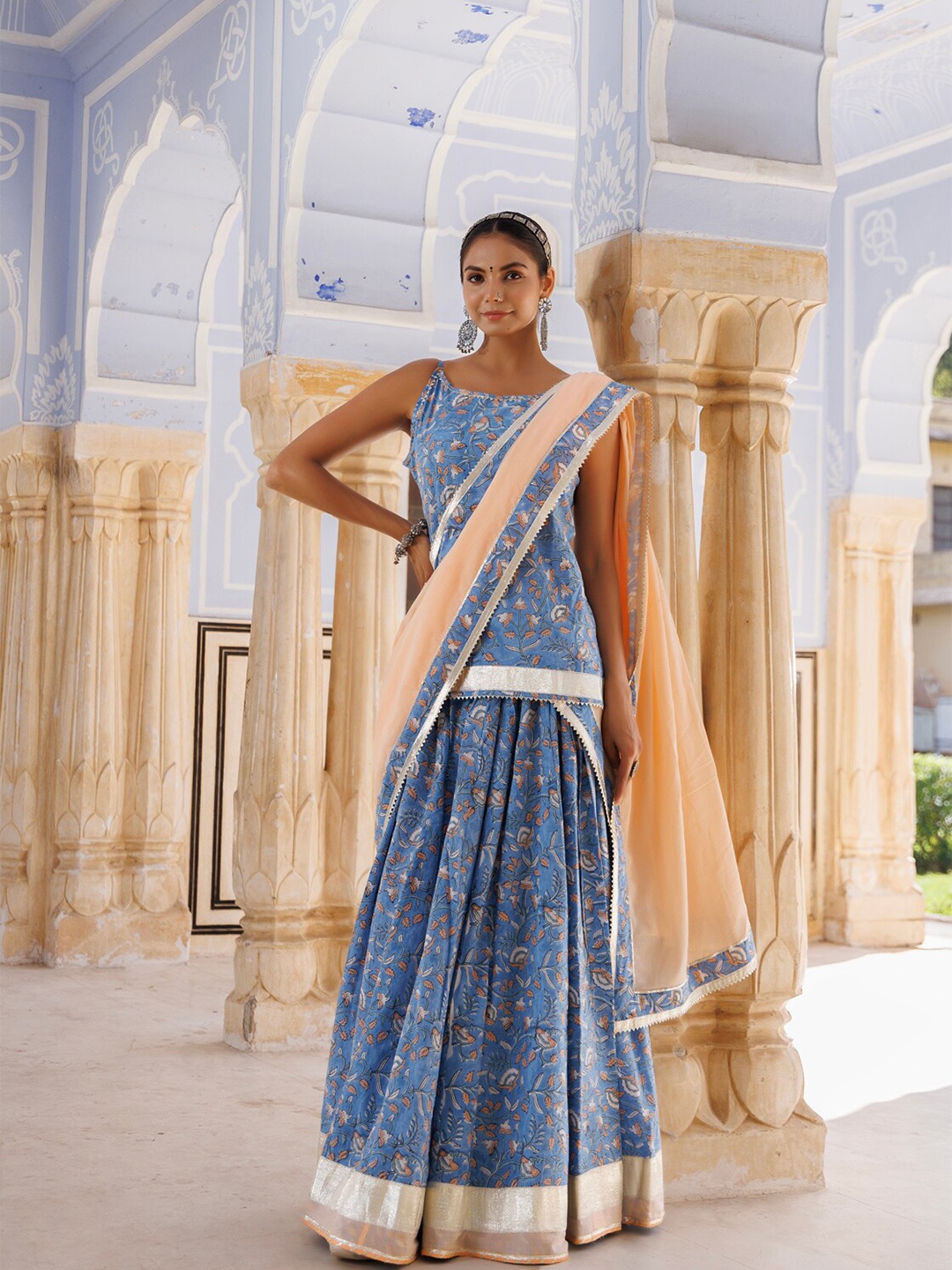 

Geroo Jaipur Floral Printed Ready to Wear Pure Cotton Lehenga & Blouse With Dupatta, Blue