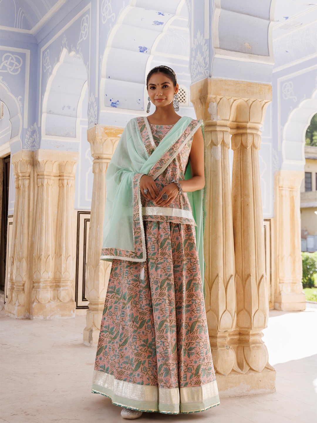 

Geroo Jaipur Embellished Block Print Cotton Ready to Wear Lehenga & Blouse With Dupatta, Peach