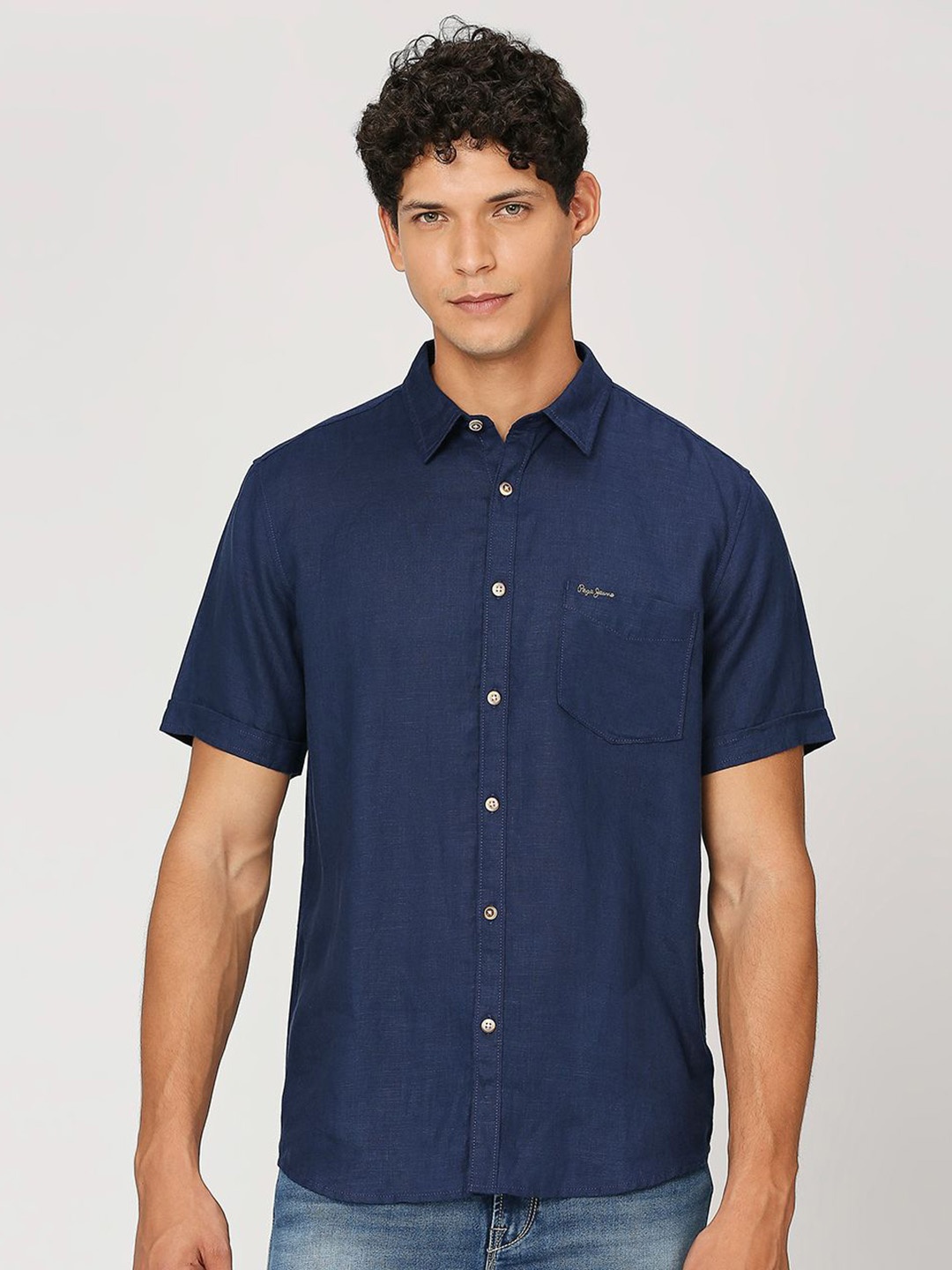 

Pepe Jeans Spread Collar Pure Linen Casual Shirt, Navy blue