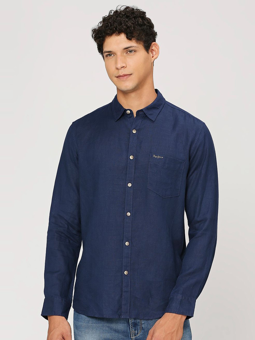 

Pepe Jeans Spread Collar Long Sleeves Linen Casual Shirt, Blue