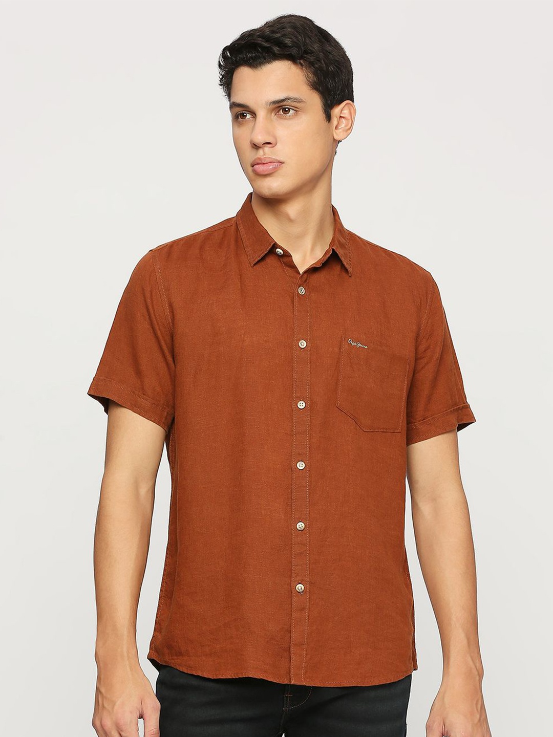 

Pepe Jeans Spread Collar Pure Linen Casual Shirt, Brown