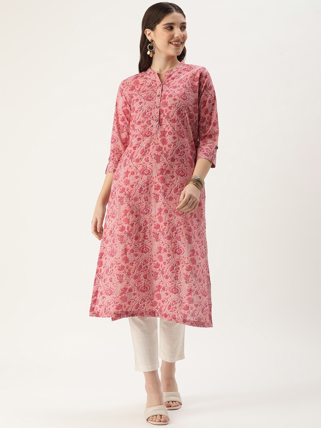 

AMUKTI Floral Printed Mandarin Collar Kurta, Pink