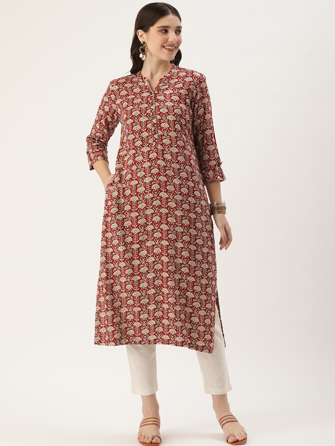 

AMUKTI Floral Printed Mandarin Collar Kurta, Rust