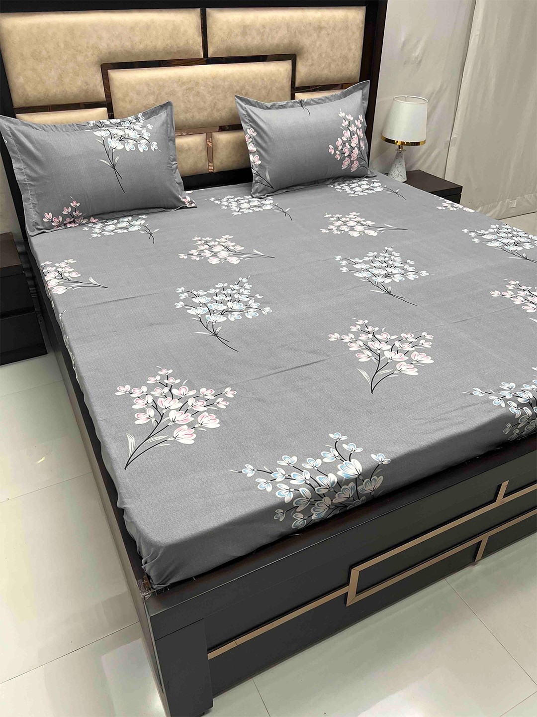 

Pure Decor Grey & White Floral 300 TC Queen Bedsheet With 2 Pillow Covers