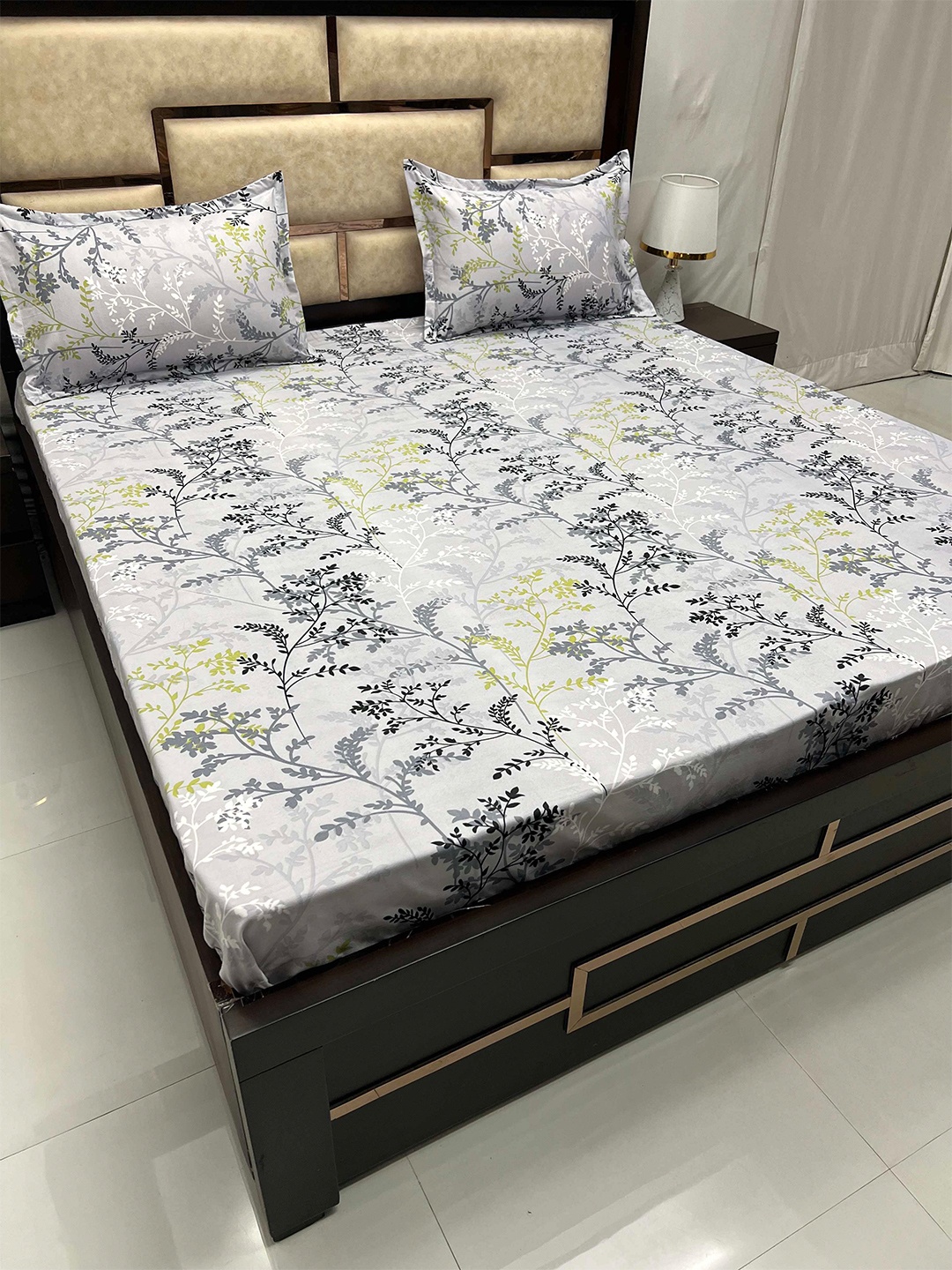 

Pure Decor White & Grey Floral 300 TC Queen Bedsheet With 2 Pillow Covers