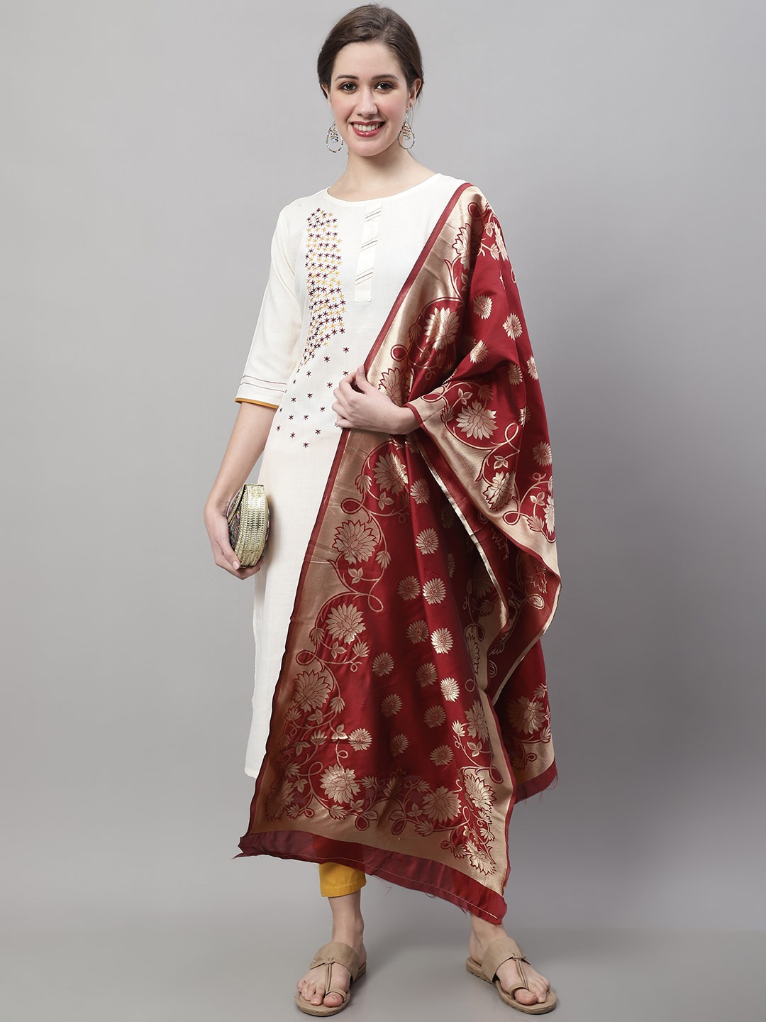 

KALINI Floral Embroidered Cotton Silk Straight Kurta With Dupatta, White