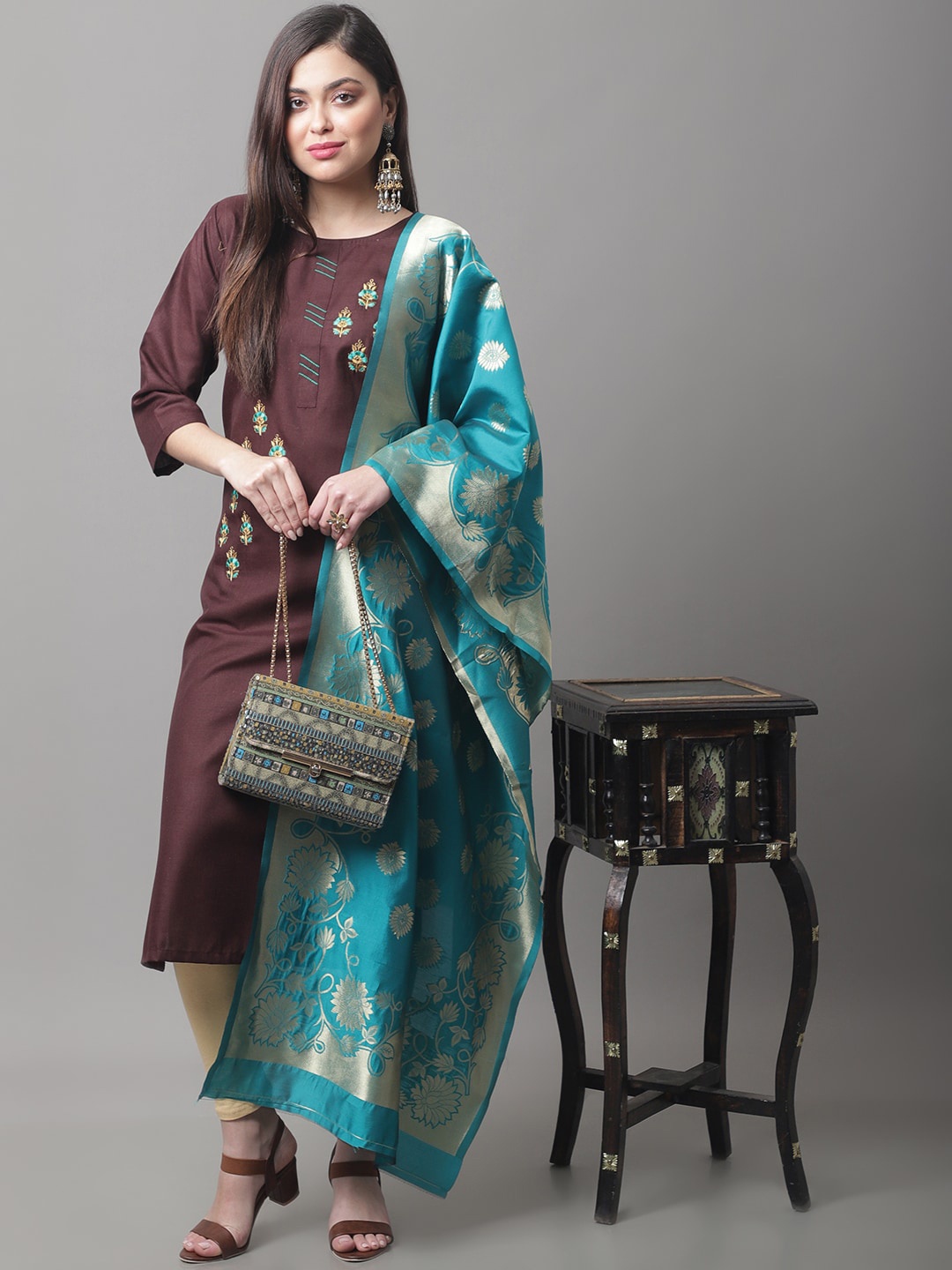 

KALINI Floral Embroidered Cotton Silk Straight Kurta With Dupatta, Coffee brown