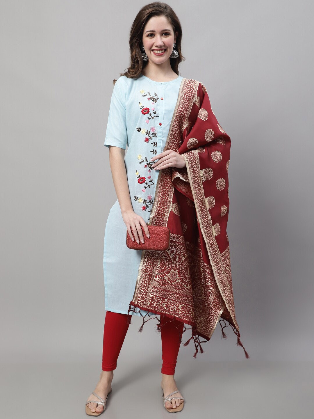 

KALINI Floral Embroidered Kurta with Banarasi Silk Dupatta, Blue