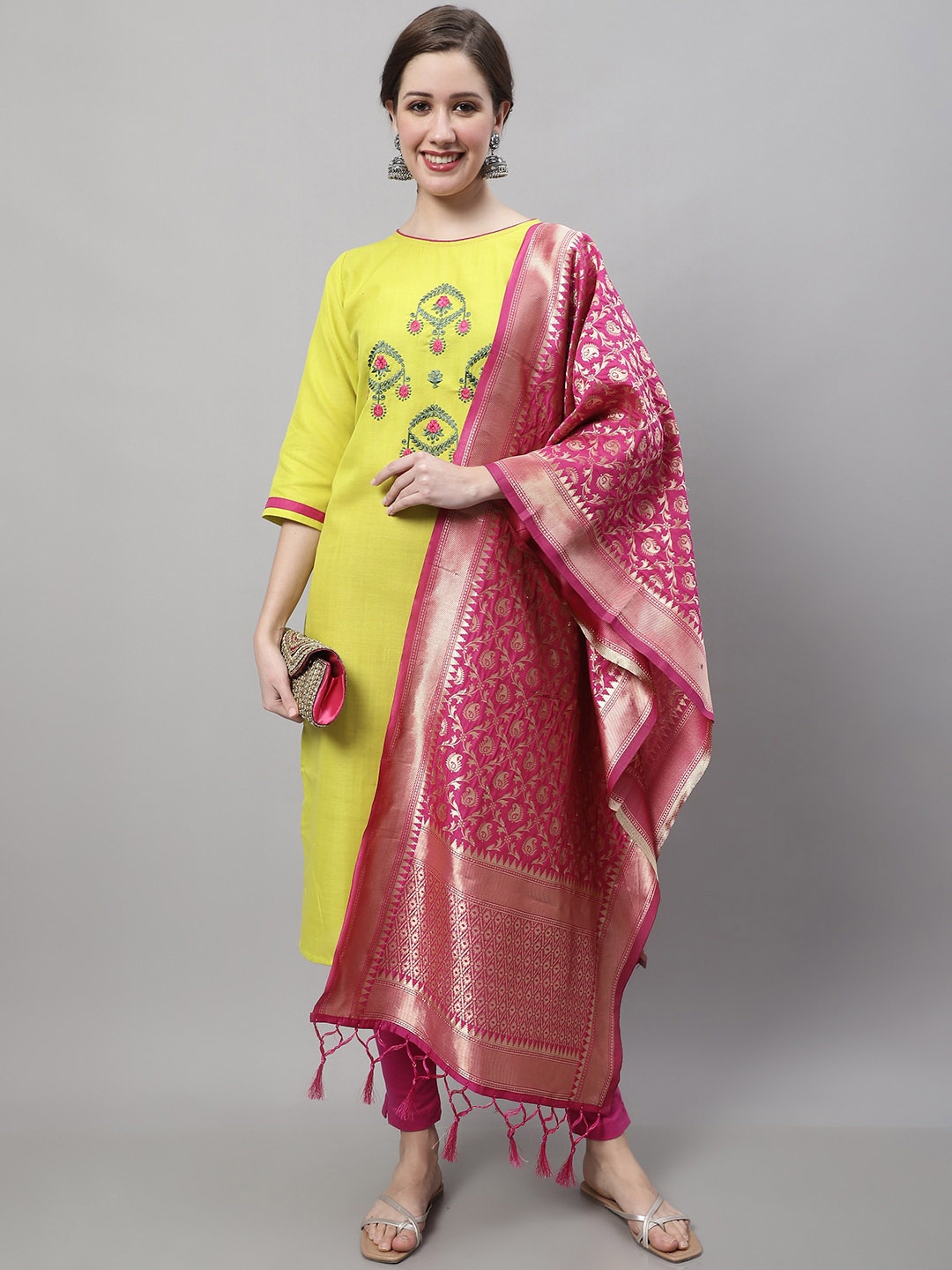

KALINI Ethnic Motifs Embroidered Cotton Silk Kurta with Dupatta, Yellow