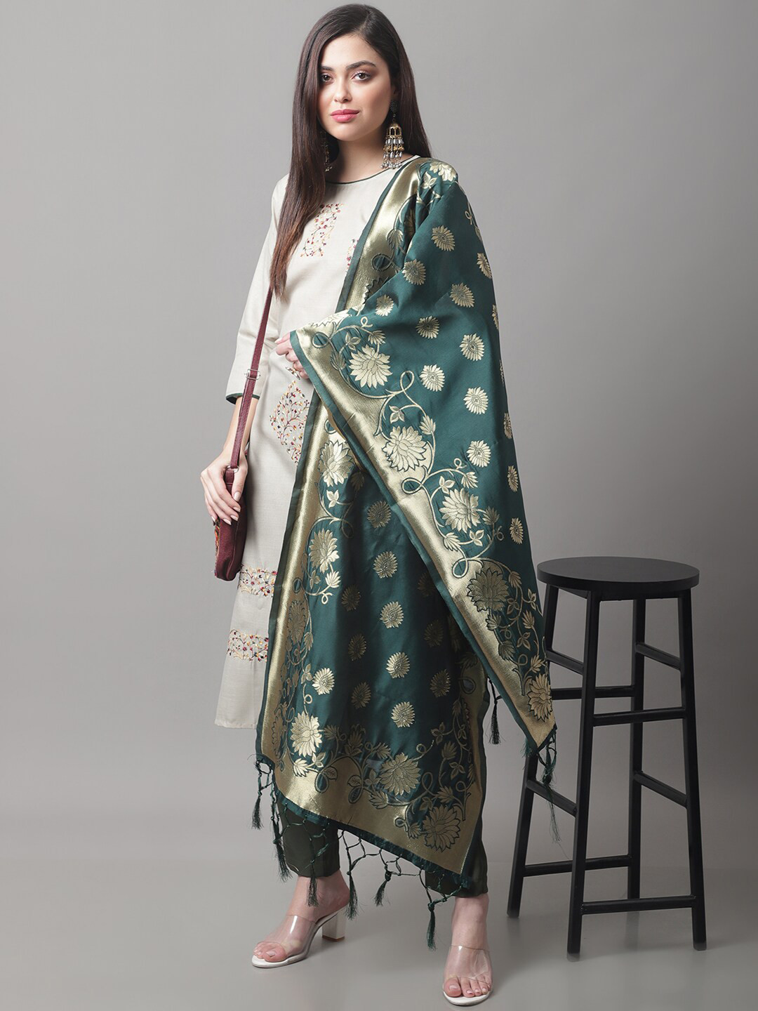 

KALINI Floral Embroidered Kurta with Banarasi Silk Dupatta, Grey