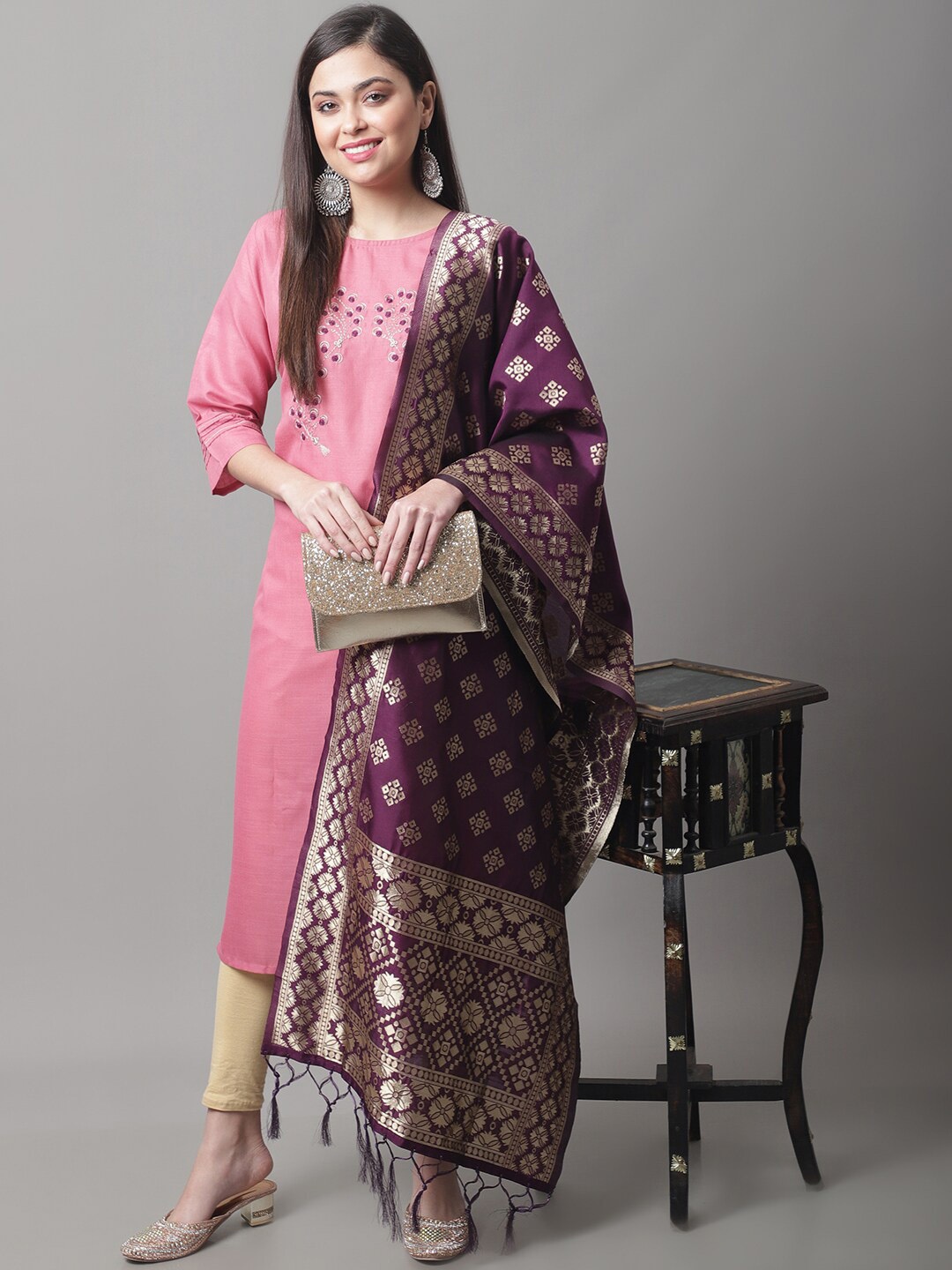 

KALINI Floral Embroidered Kurta with Banarasi Silk Dupatta, Pink