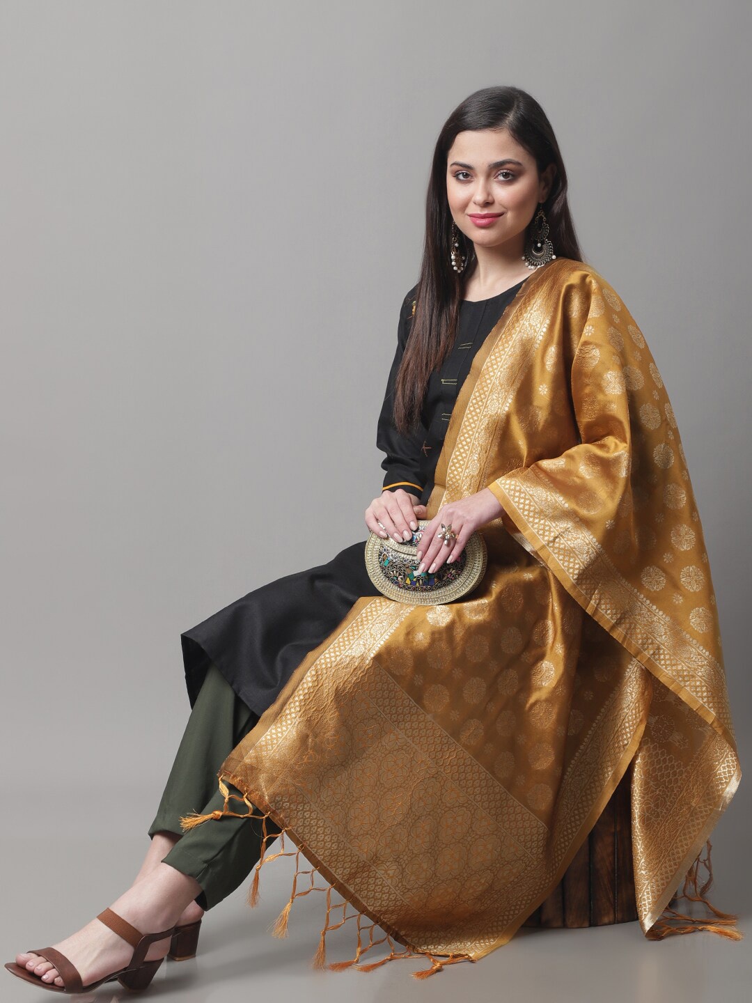 

KALINI Floral Embroidered Cotton Silk Straight Kurta With Dupatta, Black