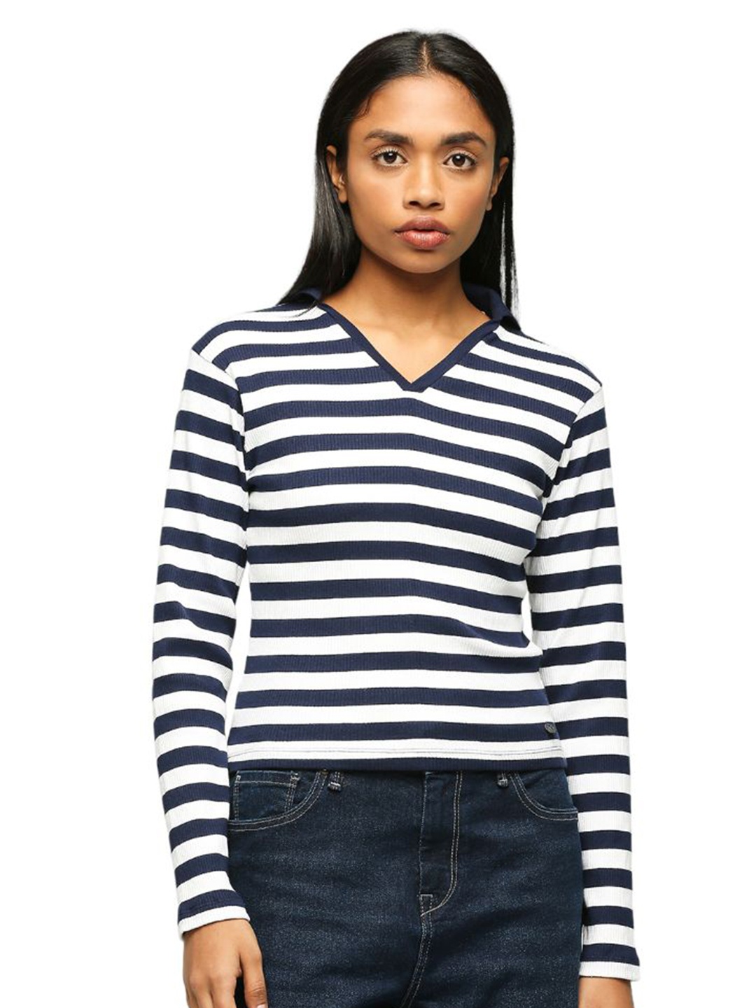 

Pepe Jeans Striped Cotton Polo Collar Slim Fit T-shirt, Blue